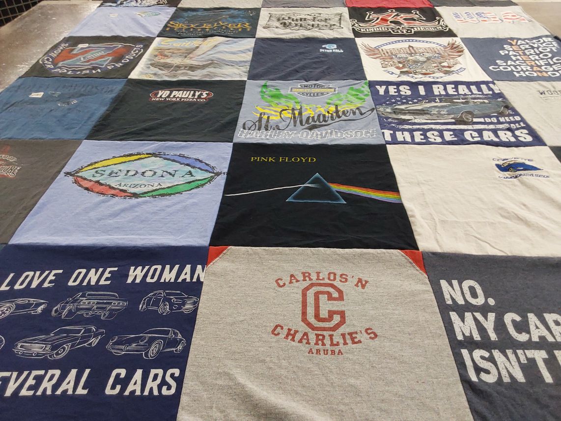 T-shirt quilt with cars, music themes by Trish from NJ