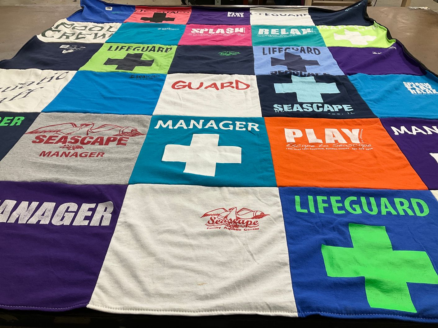 T-shirt quilt with water safety, aquatics themes by Stacey from IL