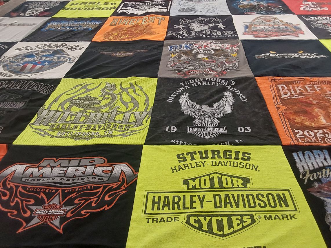 T-shirt quilt with motorcycles, biking themes by Christina from MO