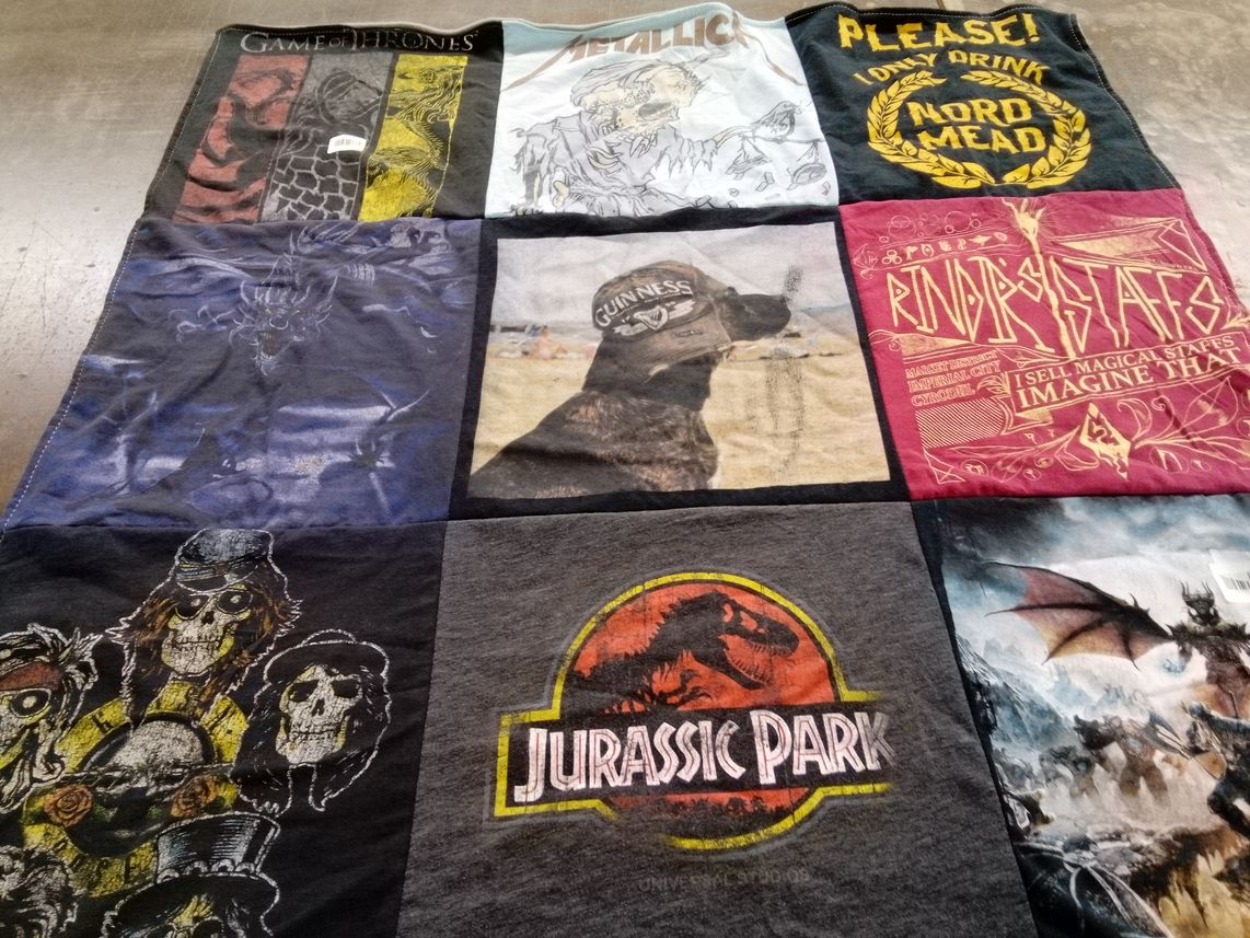 T-shirt quilt with fantasy, music themes by Julie from MI
