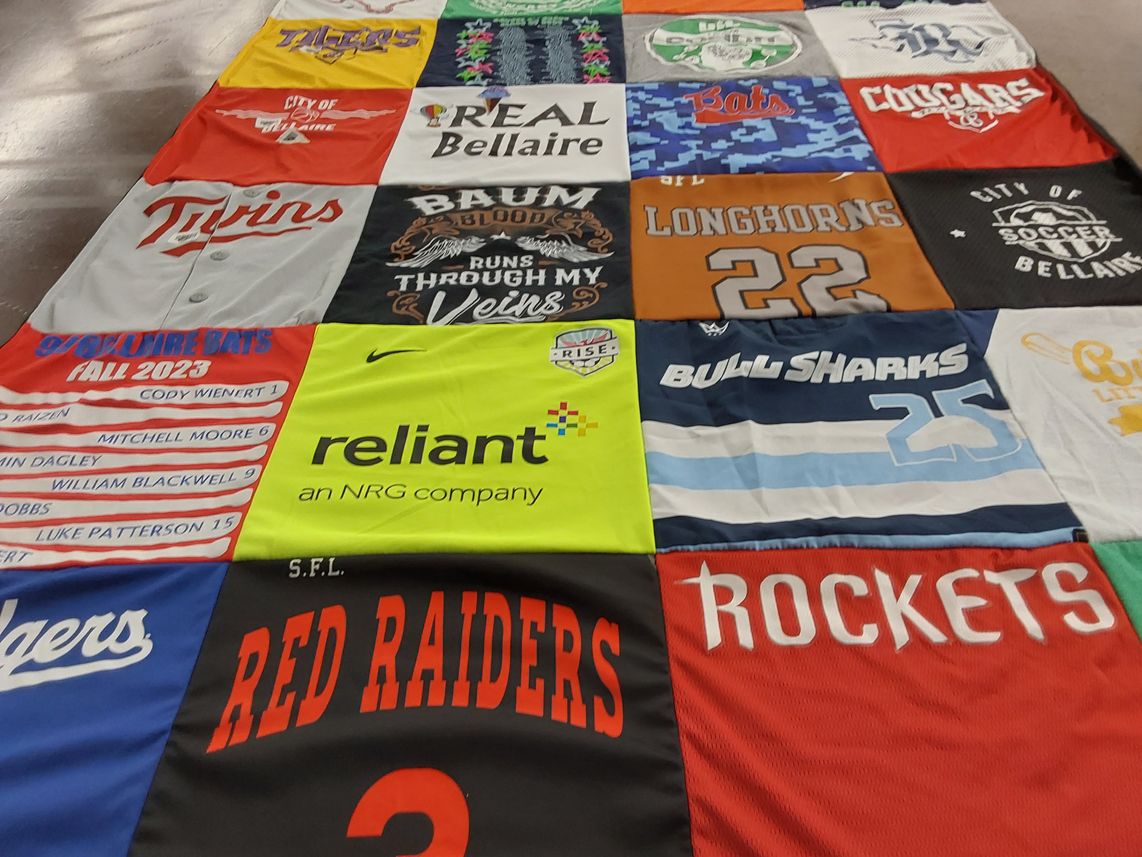 T-shirt quilt featuring red raiders, bull sharks by Nicole from TX