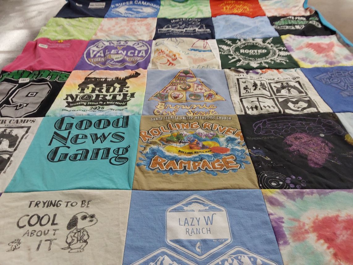 T-shirt quilt with camping, youth groups themes by Janice from CA