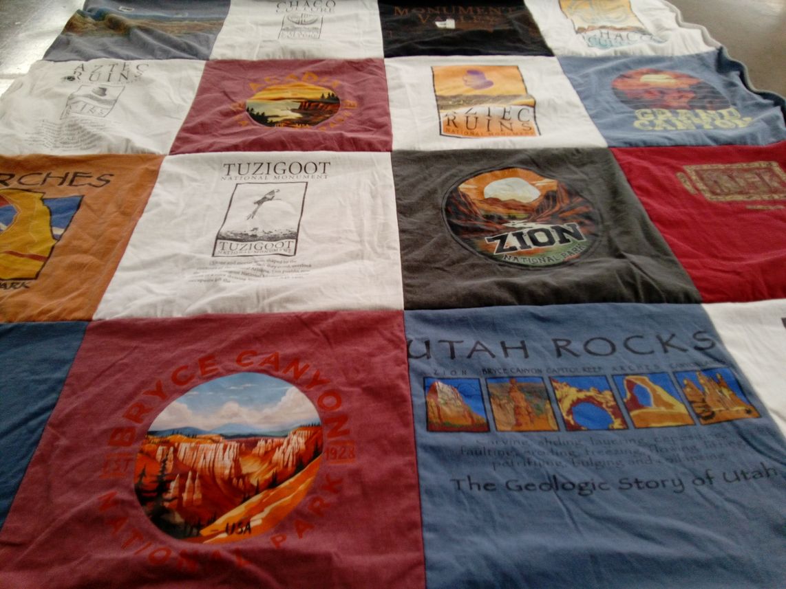 T-shirt quilt with national parks, geology themes by Lorie from OH