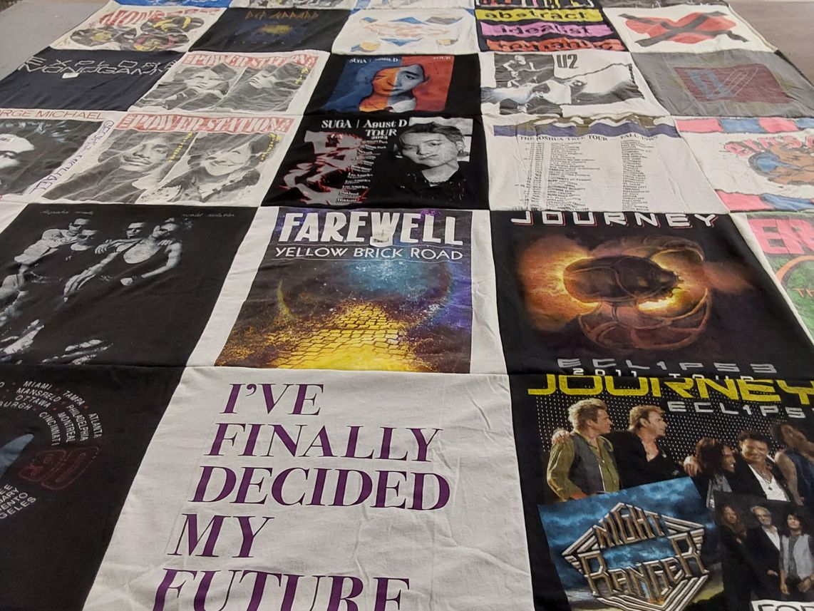 T-shirt quilt with music, concerts themes by Myra from WA