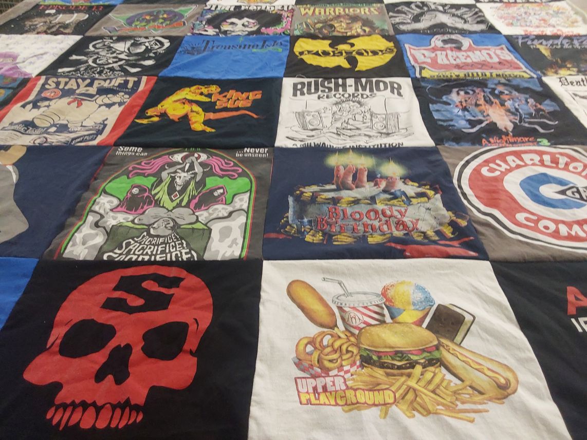 T-shirt quilt with movies, music themes by Amber from WI