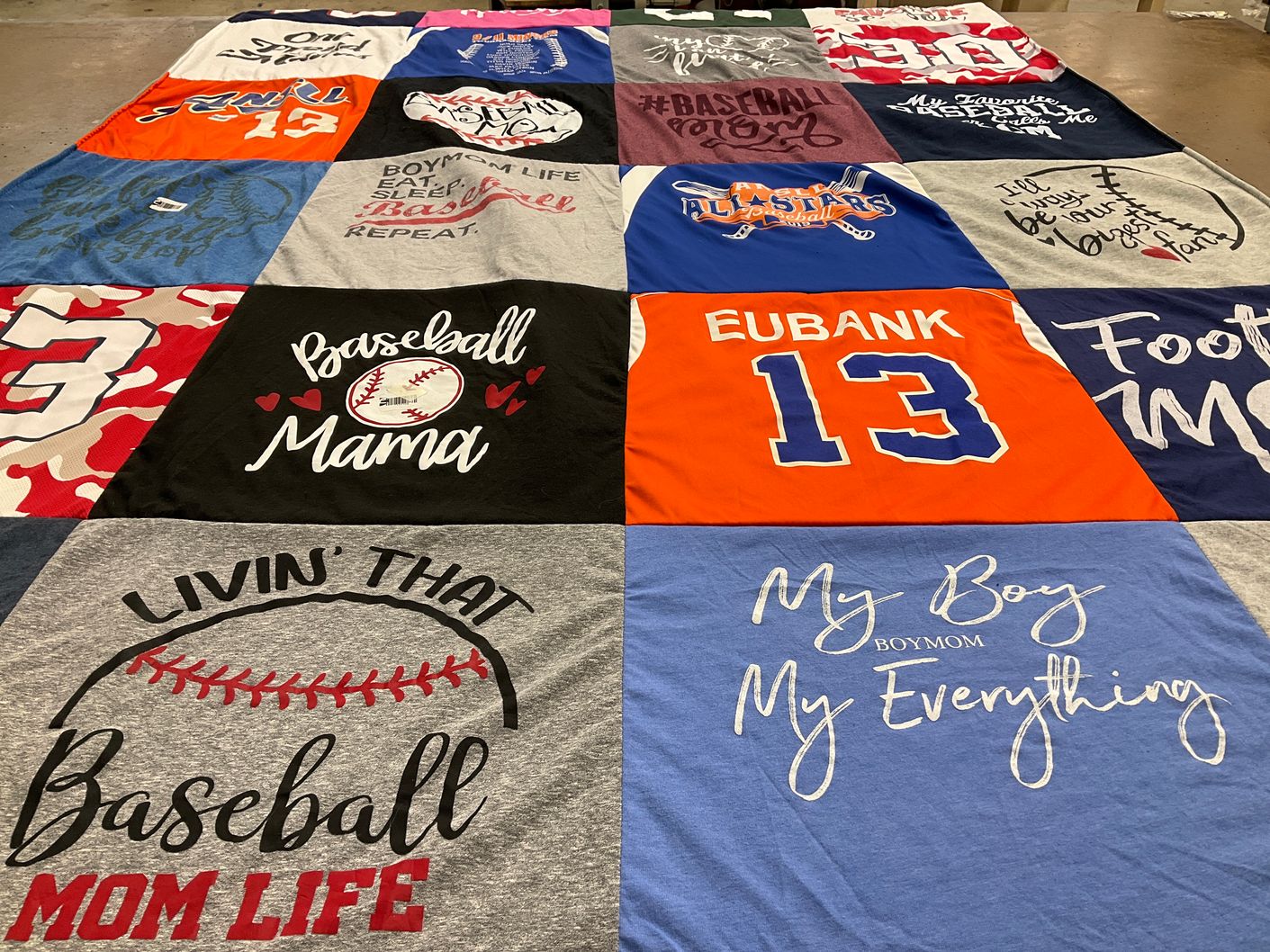 T-shirt quilt with baseball, parenting themes by Anne from VA