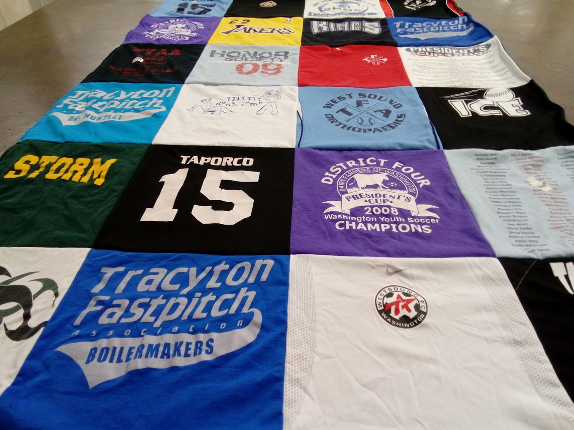 T-shirt quilt with soccer, softball themes by Kim from WA