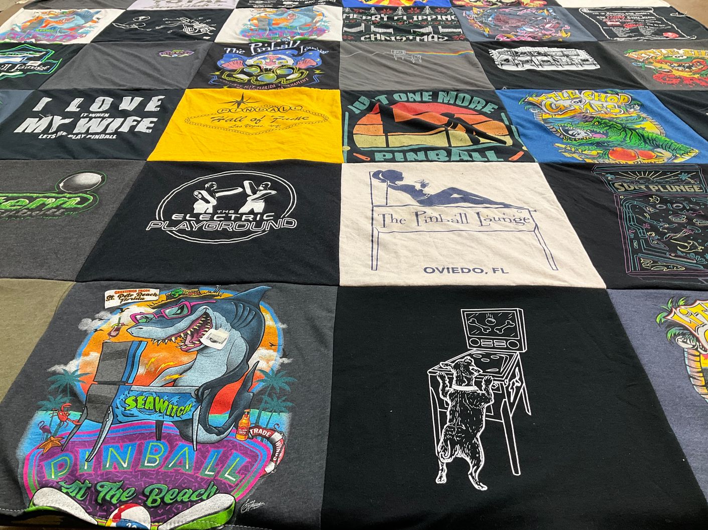 T-shirt quilt with pinball, gaming themes by Dan from FL