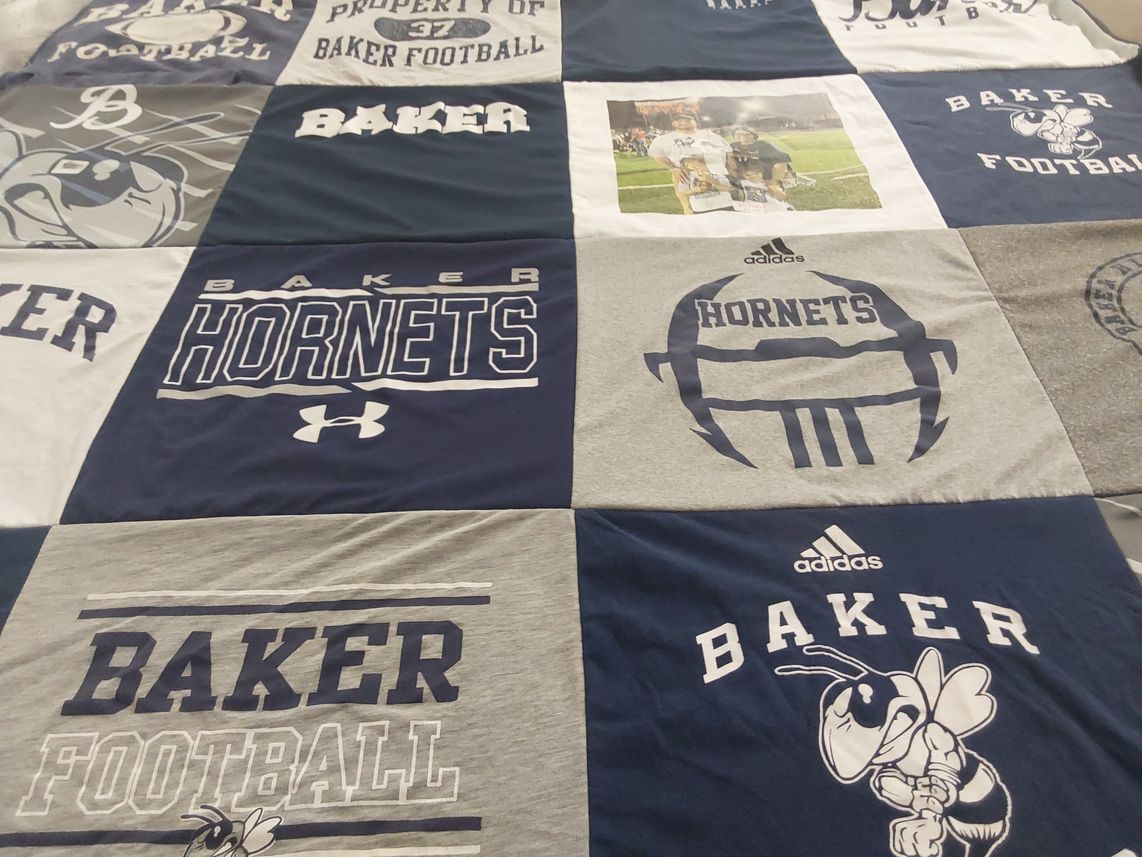 T-shirt quilt featuring baker hornets by Heather from AL