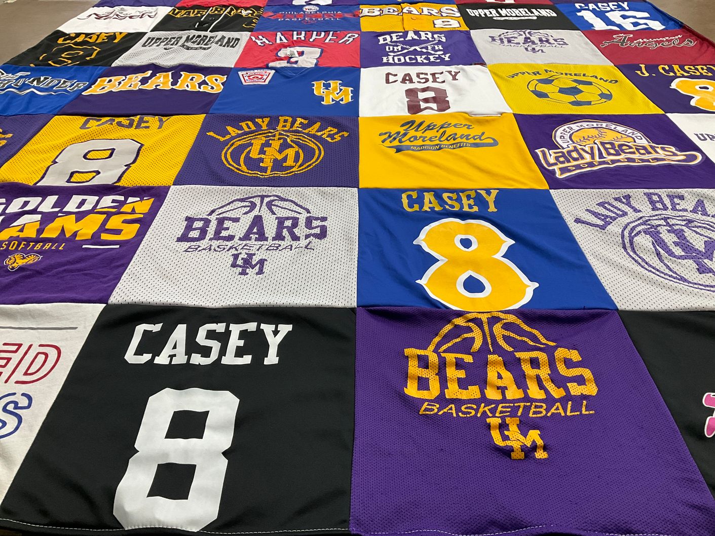 T-shirt quilt featuring upper moreland bears, upper moreland lady bears by Katie from NJ