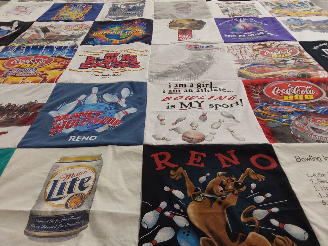 T-shirt quilt with bowling, sports themes by Starr from MS