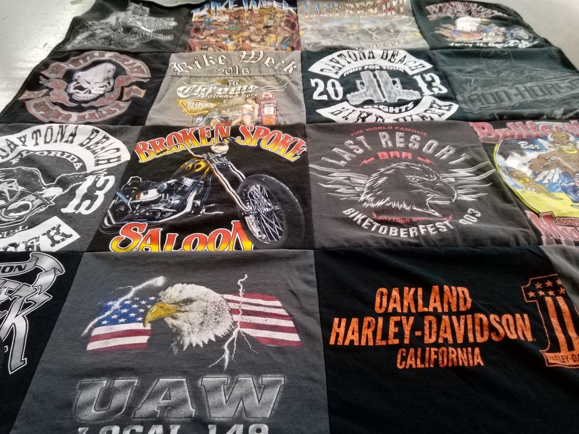 T-shirt quilt with motorcycles, biker culture themes by Holly from WV