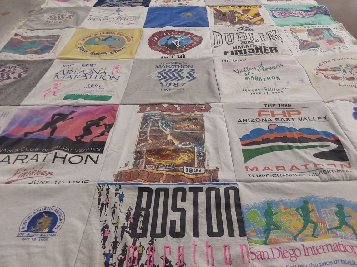 T-shirt quilt with running, marathons themes by Teresa from CA