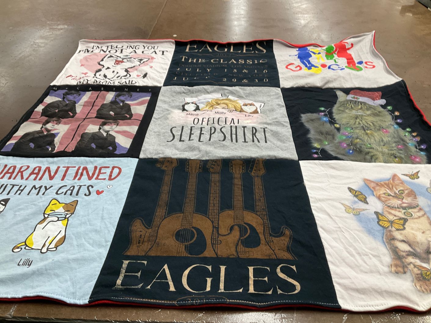 T-shirt quilt with cats, music themes by Molly from CA