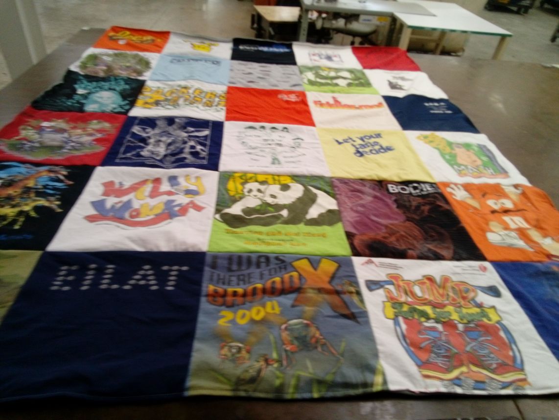 T-shirt quilt with fishing, math themes by gayle from OR