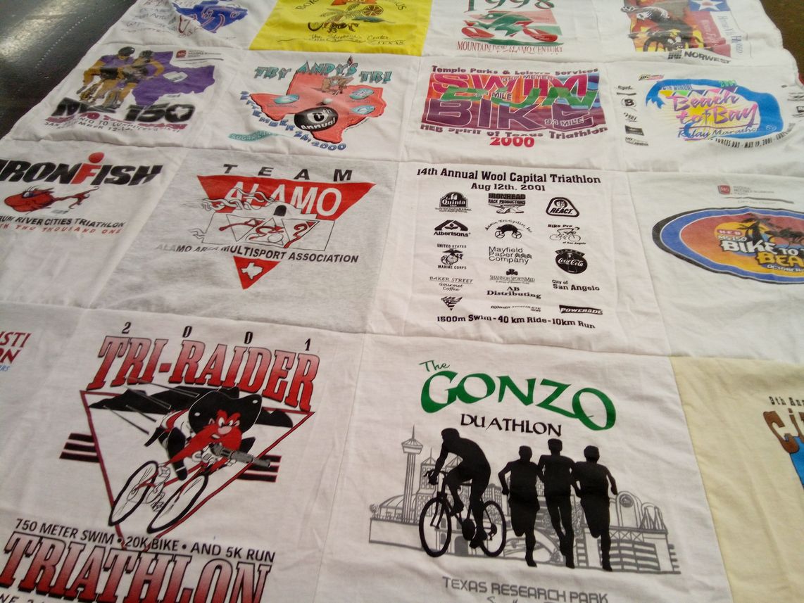 T-shirt quilt with triathlons, fitness themes by Melisa from TX