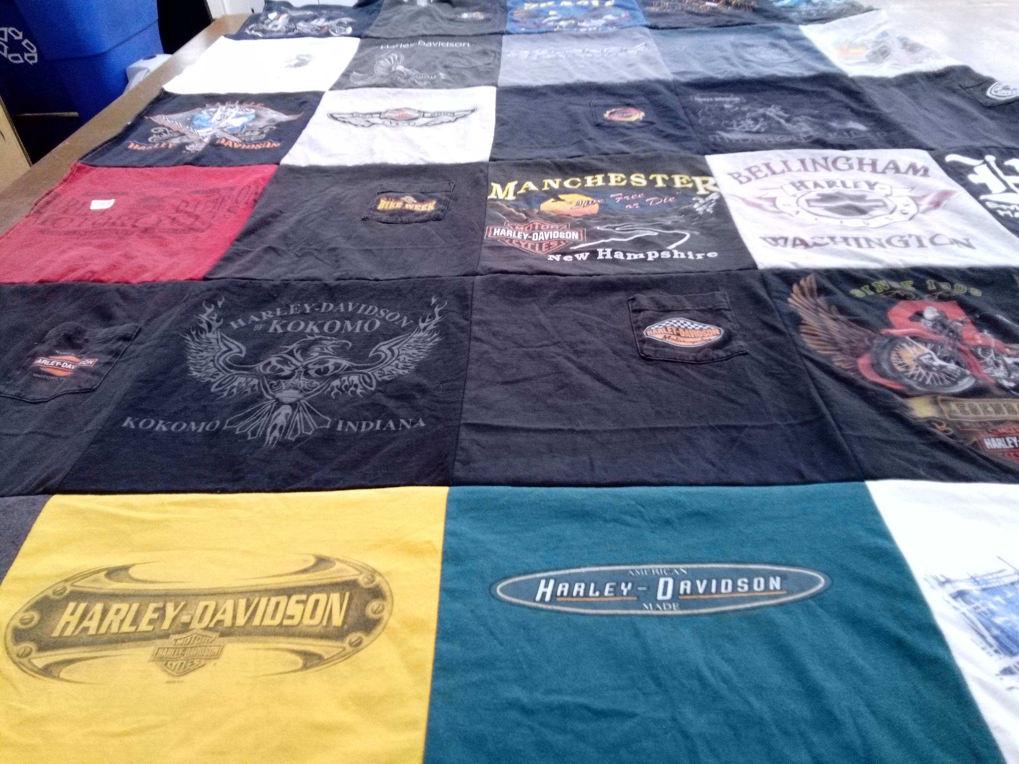 T-shirt quilt with motorcycles, harley-davidson themes by Paula from GA
