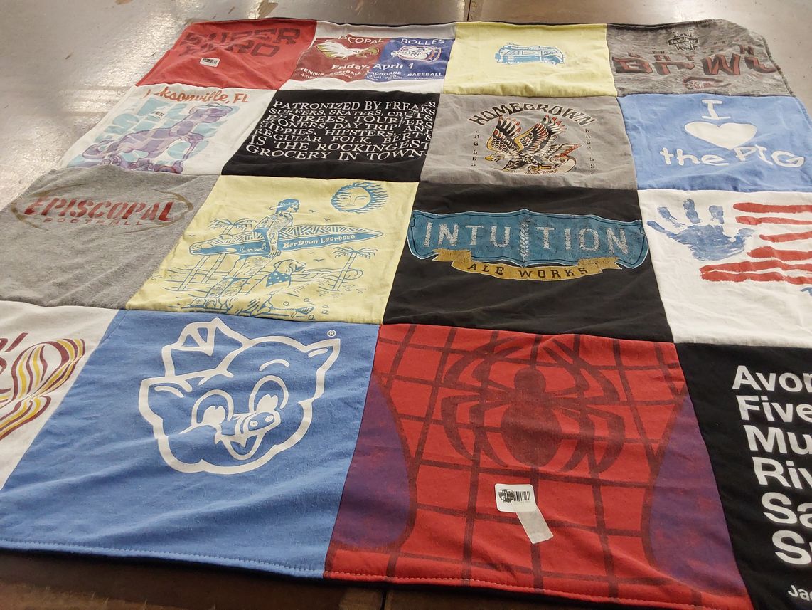 T-shirt quilt with local businesses, craft beer themes by Heather from FL