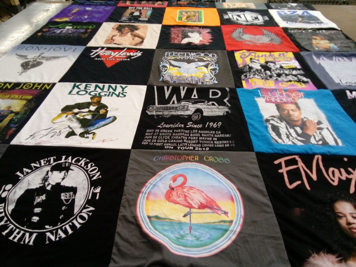 T-shirt quilt with music, concerts themes by Tami from CA