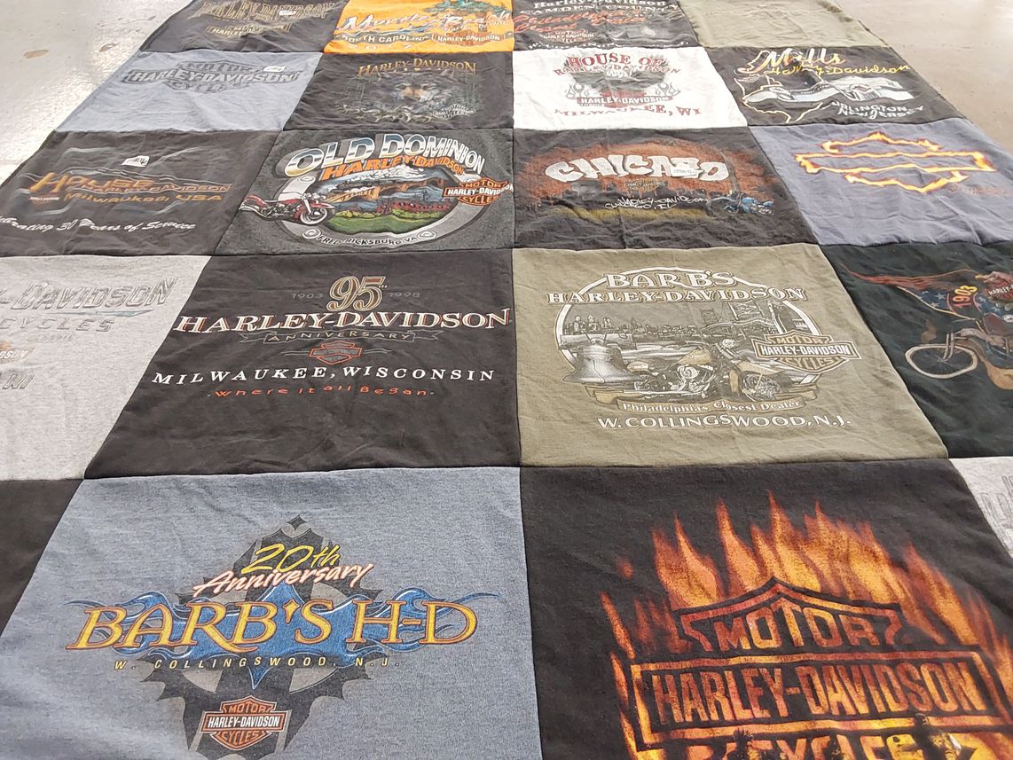 T-shirt quilt with motorcycling, harley davidson themes by Denise from NJ