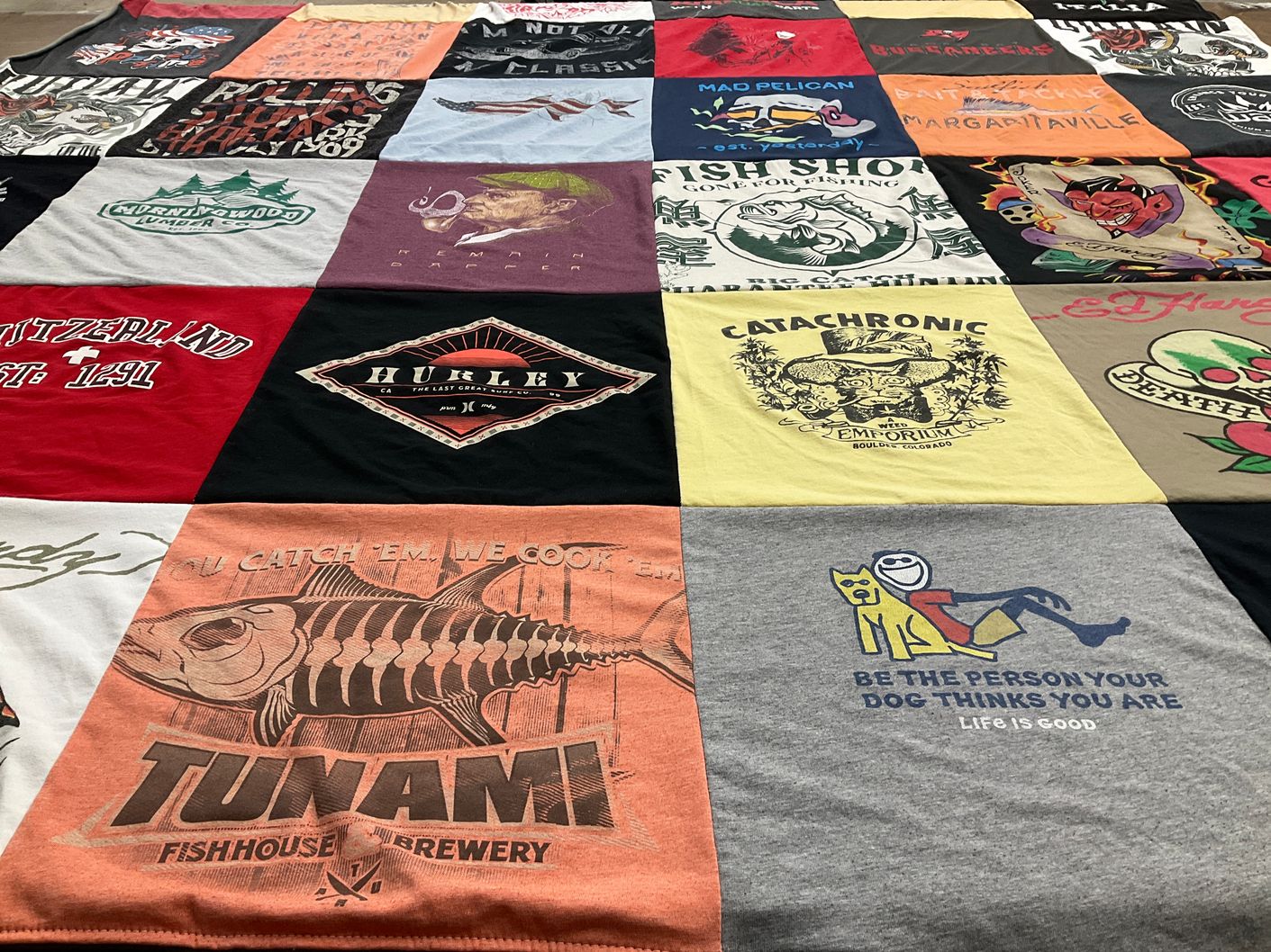 T-shirt quilt with fishing, craft beer themes by Jeanie from FL