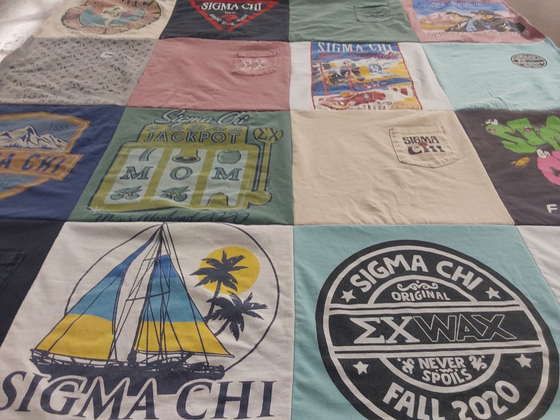 T-shirt quilt with fraternities, sailing themes by Melissa from CA