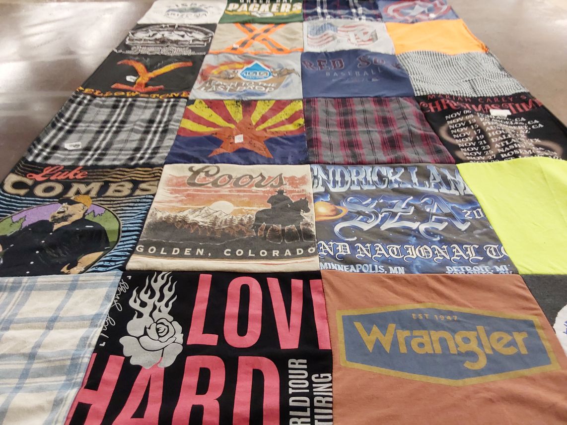 T-shirt quilt with country music, beer themes by Brianna from AZ