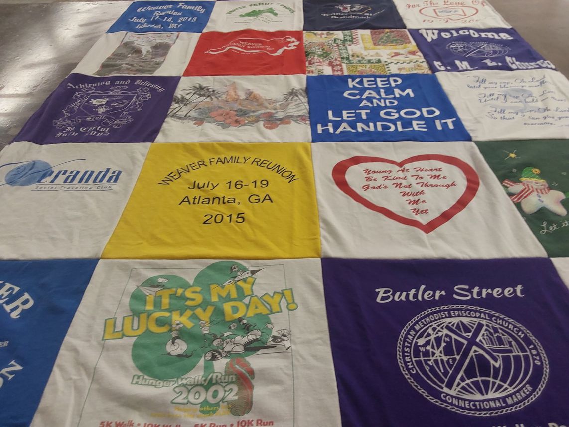 T-shirt quilt with family gatherings, charity walks themes by Krystal from GA