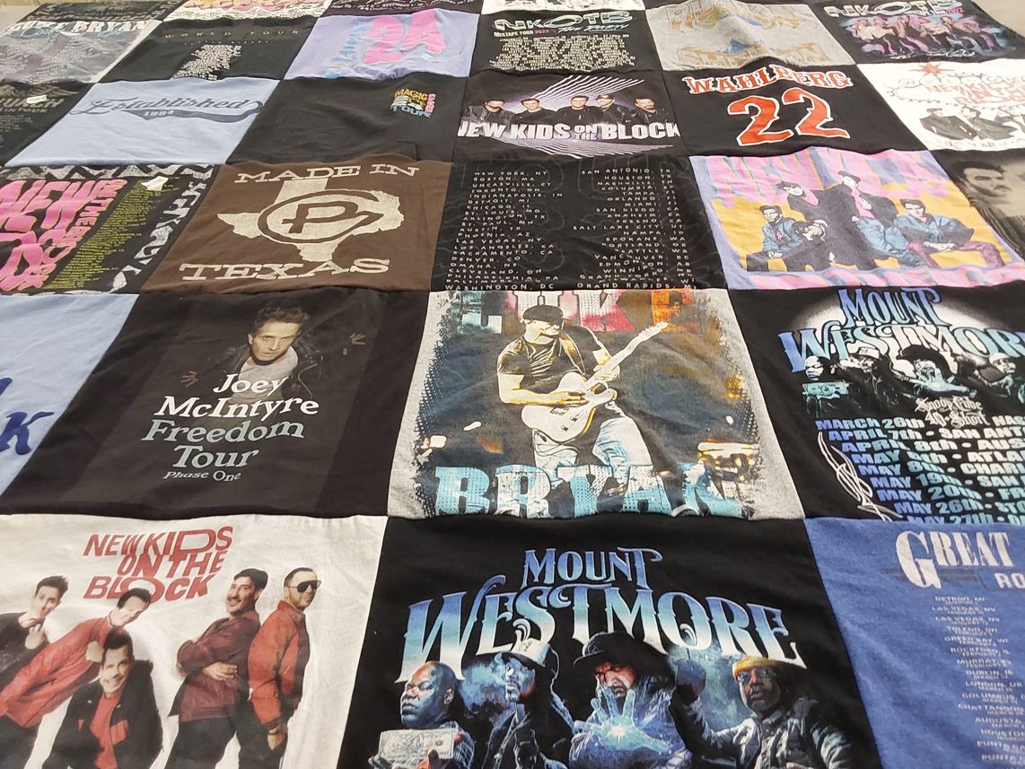 T-shirt quilt with music, concerts themes by Angela from TX