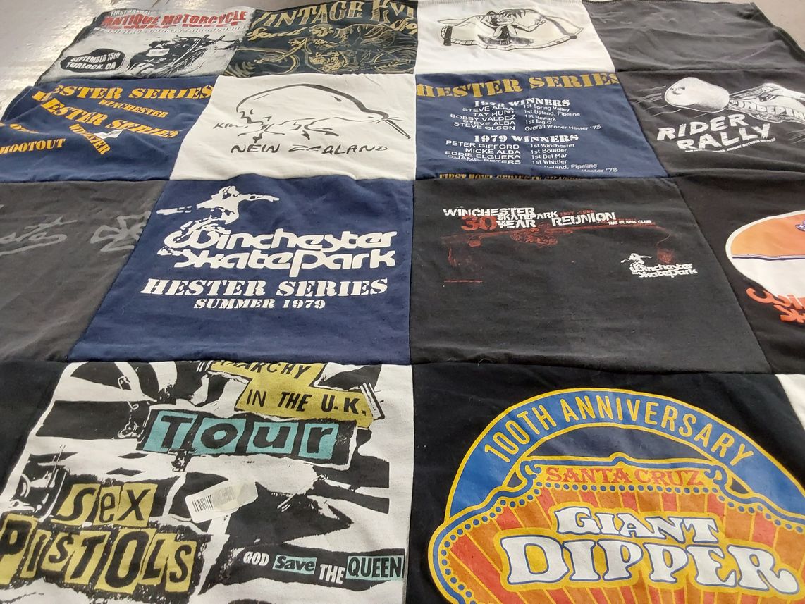 T-shirt quilt with skateboarding, music themes by Barbara from CA