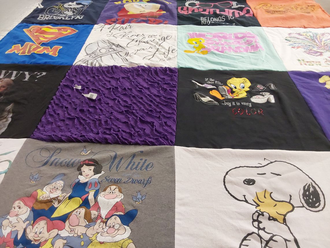 T-shirt quilt with superheroes, cartoons themes by Rori from NH