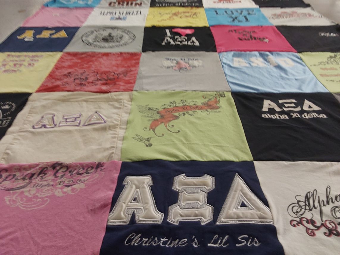 T-shirt quilt with sororities, sisterhood themes by Angela from CA