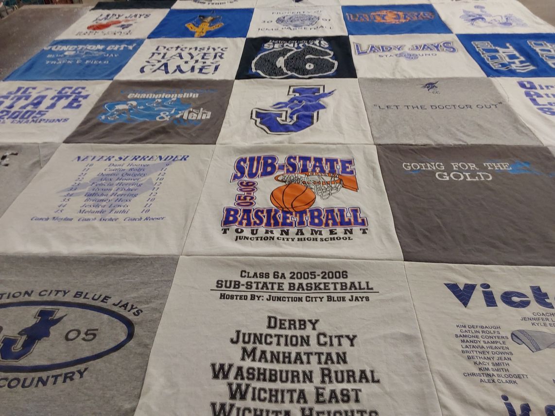 T-shirt quilt featuring junction city blue jays by Shannon from KS