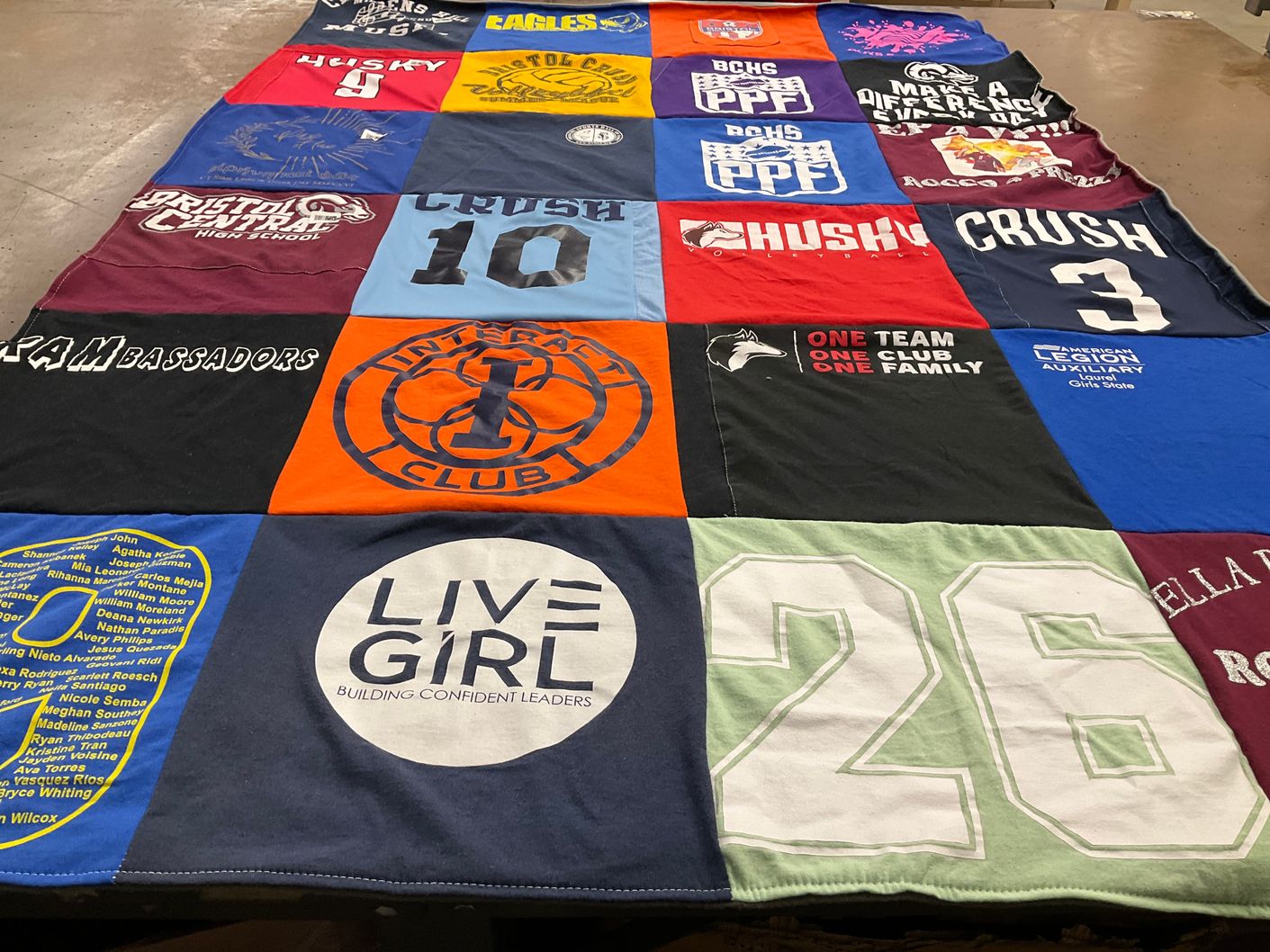 T-shirt quilt featuring bristol central high school huskies by Sharon from CT