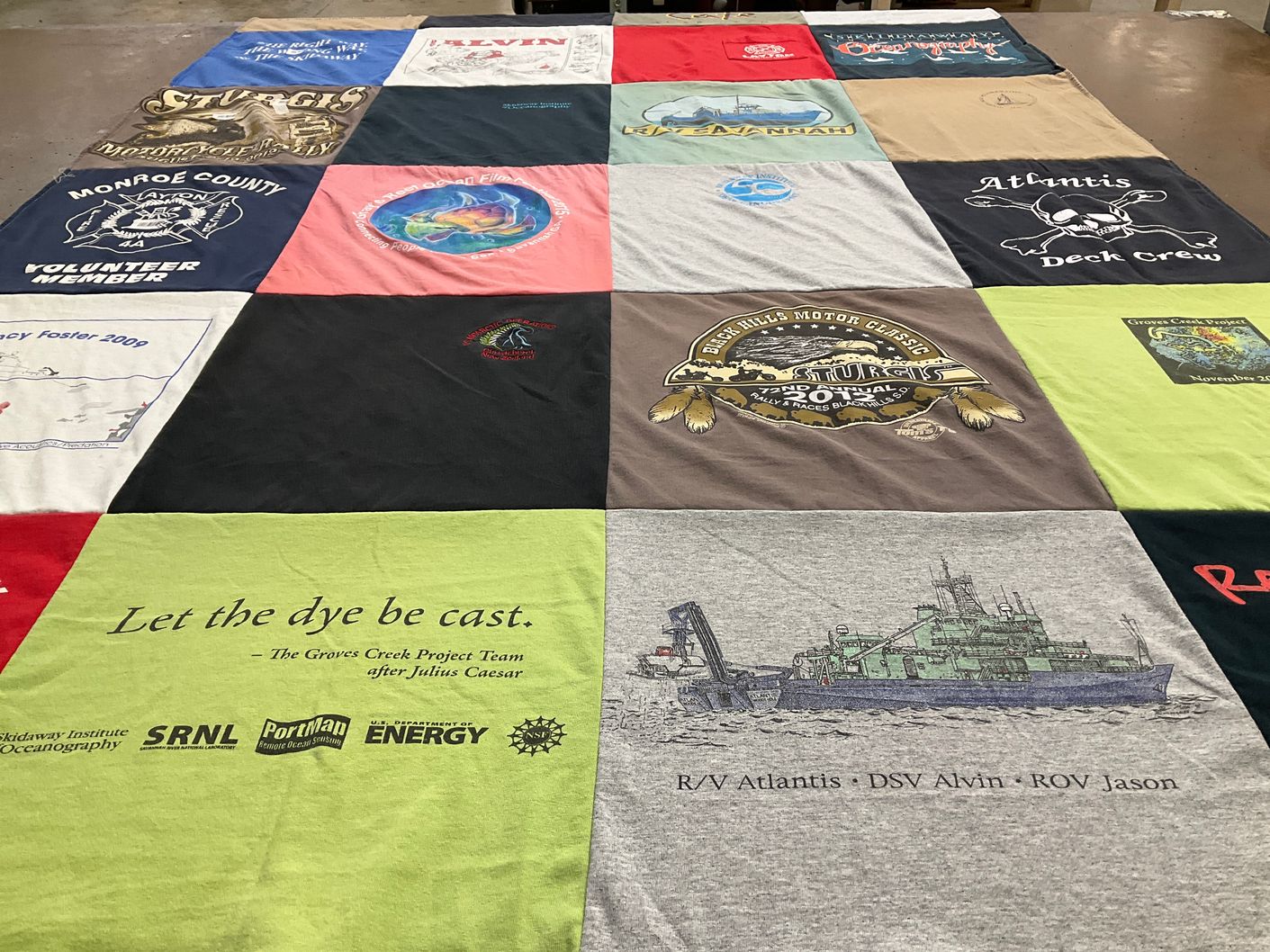 T-shirt quilt with oceanography, volunteering themes by Trent from NC