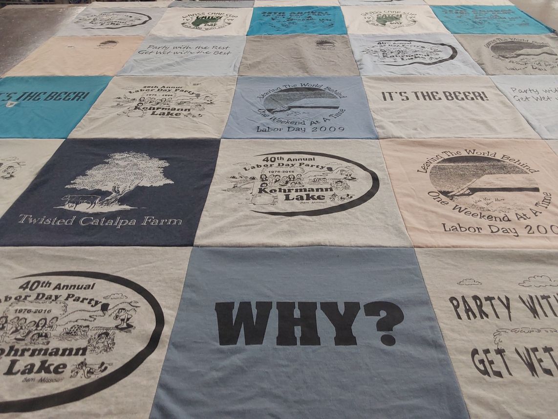 T-shirt quilt with partying, outdoor activities themes by Erin from MO