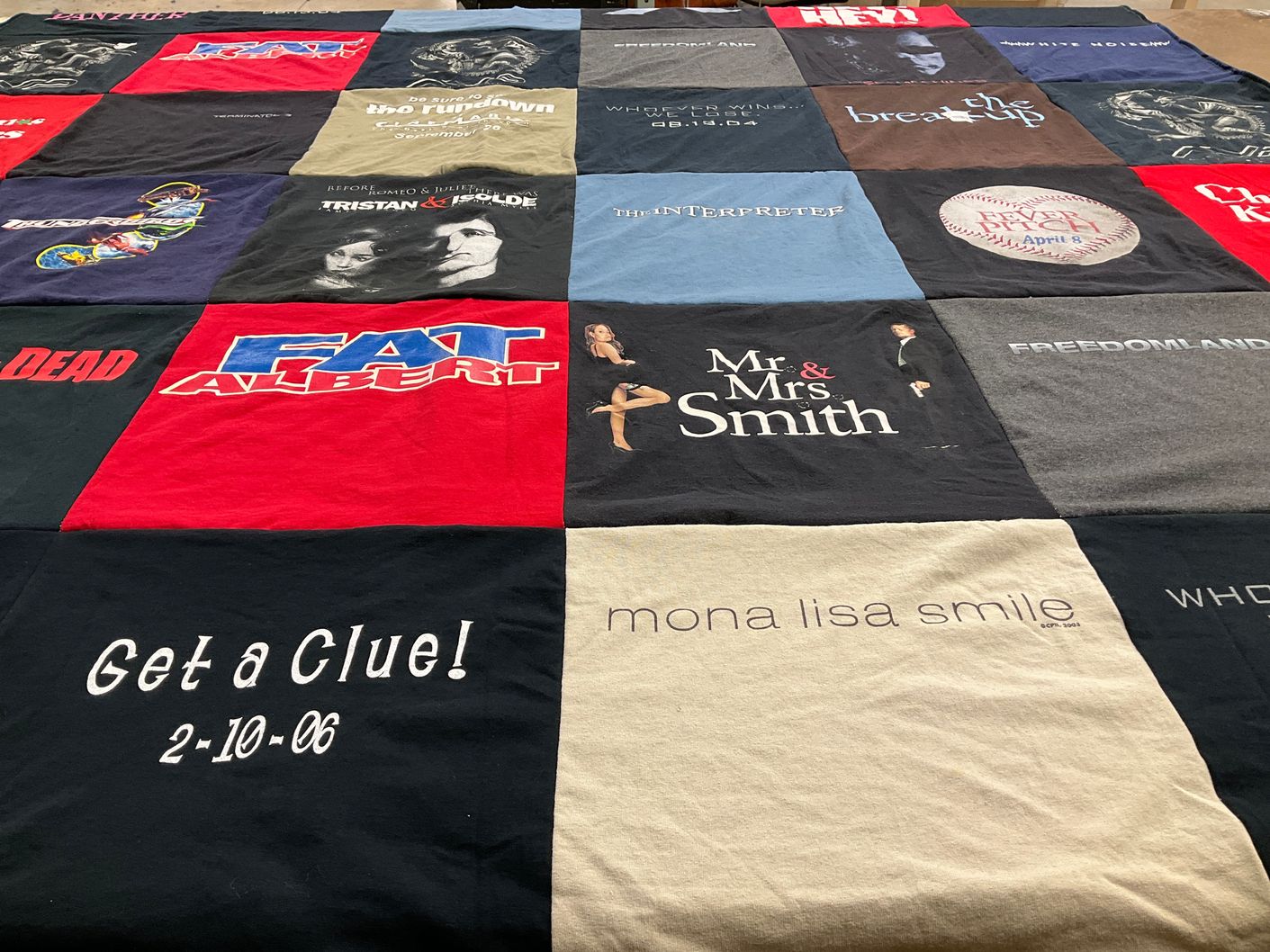 T-shirt quilt with movies, theater themes by Jenna from TX