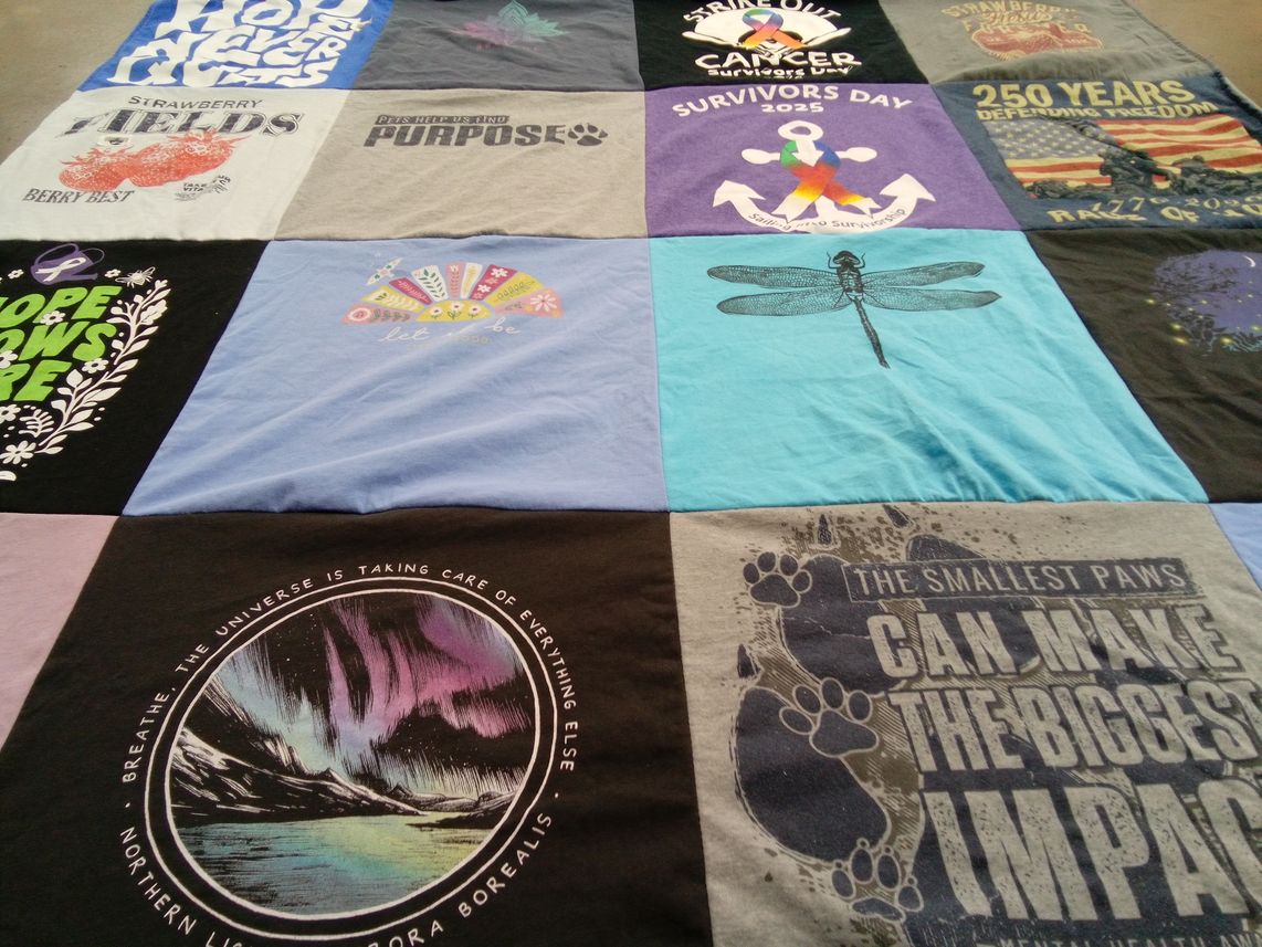 T-shirt quilt with survivorship, environment themes by Leslie from NY