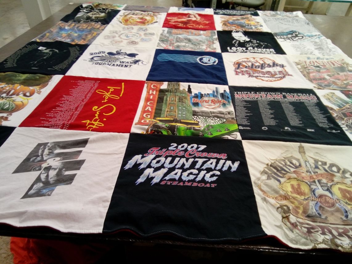 T-shirt quilt with music, sports themes by Brian from CO