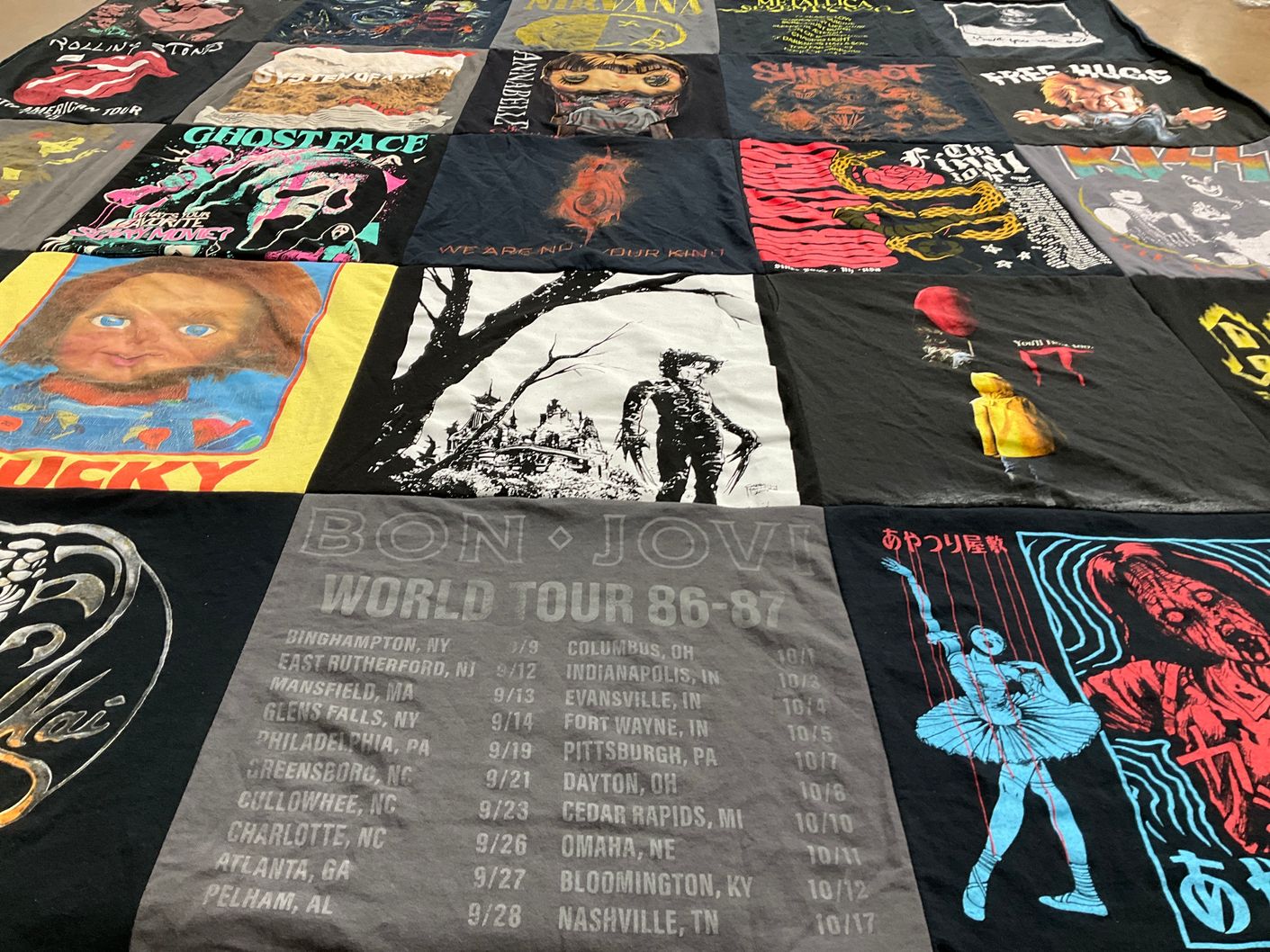 T-shirt quilt with music, horror themes by Naihan from NY