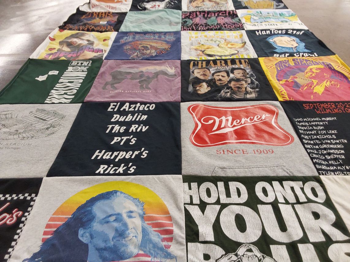 T-shirt quilt with drinking, food themes by Madison from MI