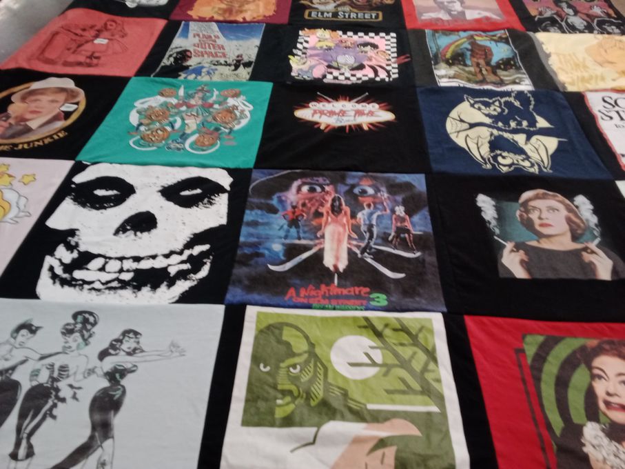 T-shirt quilt with horror movies, pop culture themes by Johanna from OR