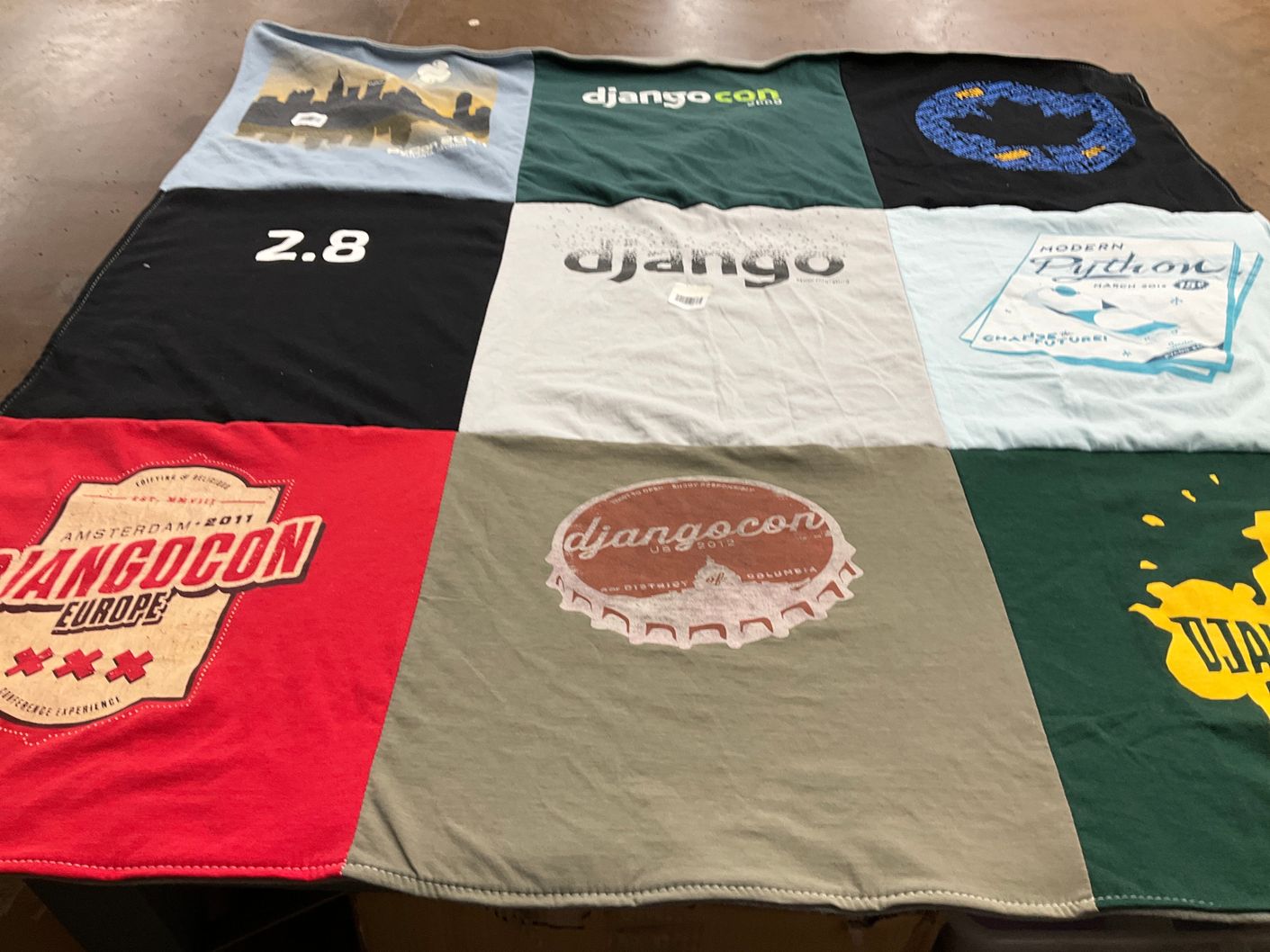 T-shirt quilt with programming, python themes by Alexander from DC