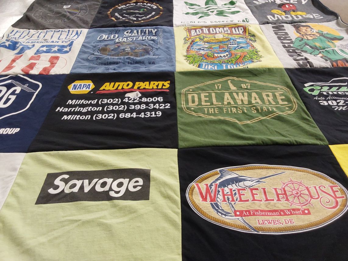 T-shirt quilt with automotive, fishing themes by Amy from DE