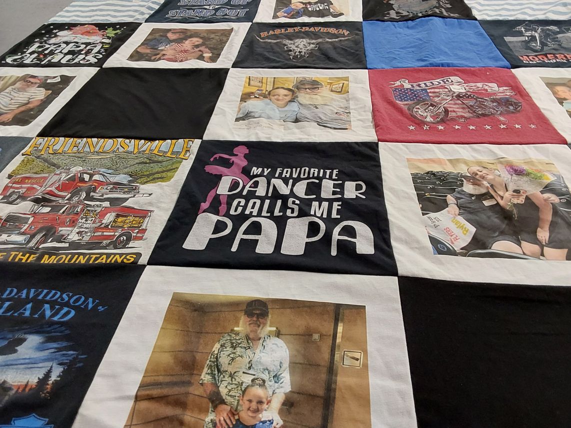 T-shirt quilt with motorcycles, family themes by Susan from MD