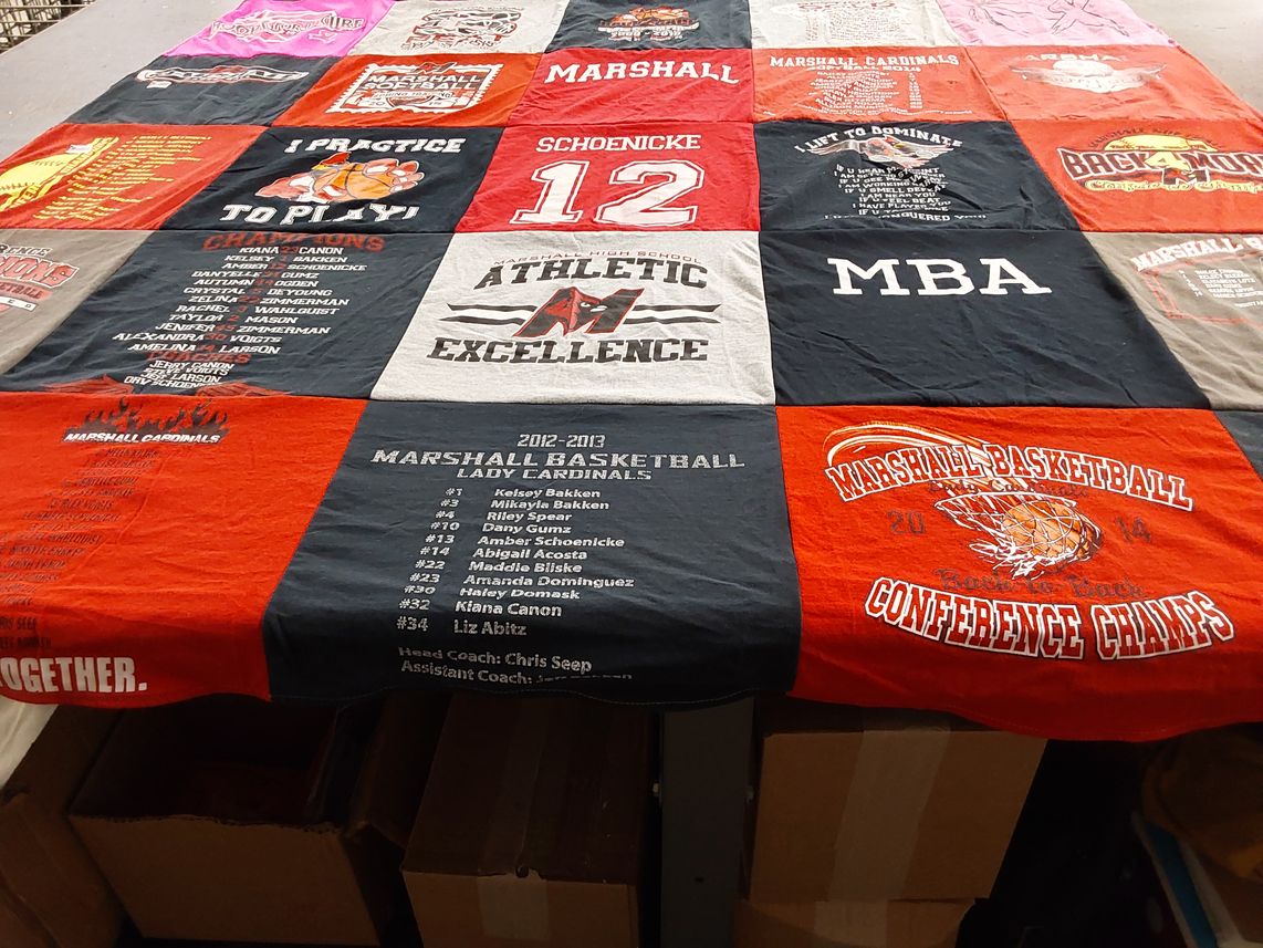 T-shirt quilt featuring marshall lady cardinals basketball, marshall cardinals basketball by Amber from WI