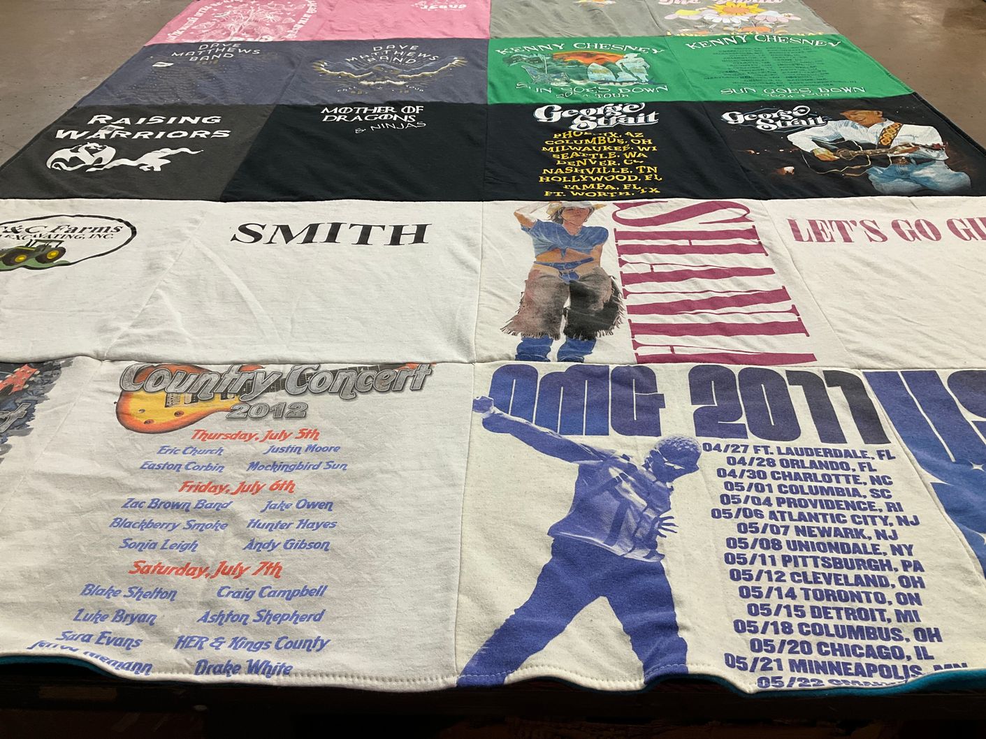 T-shirt quilt with country music, concerts themes by Cassie from OH