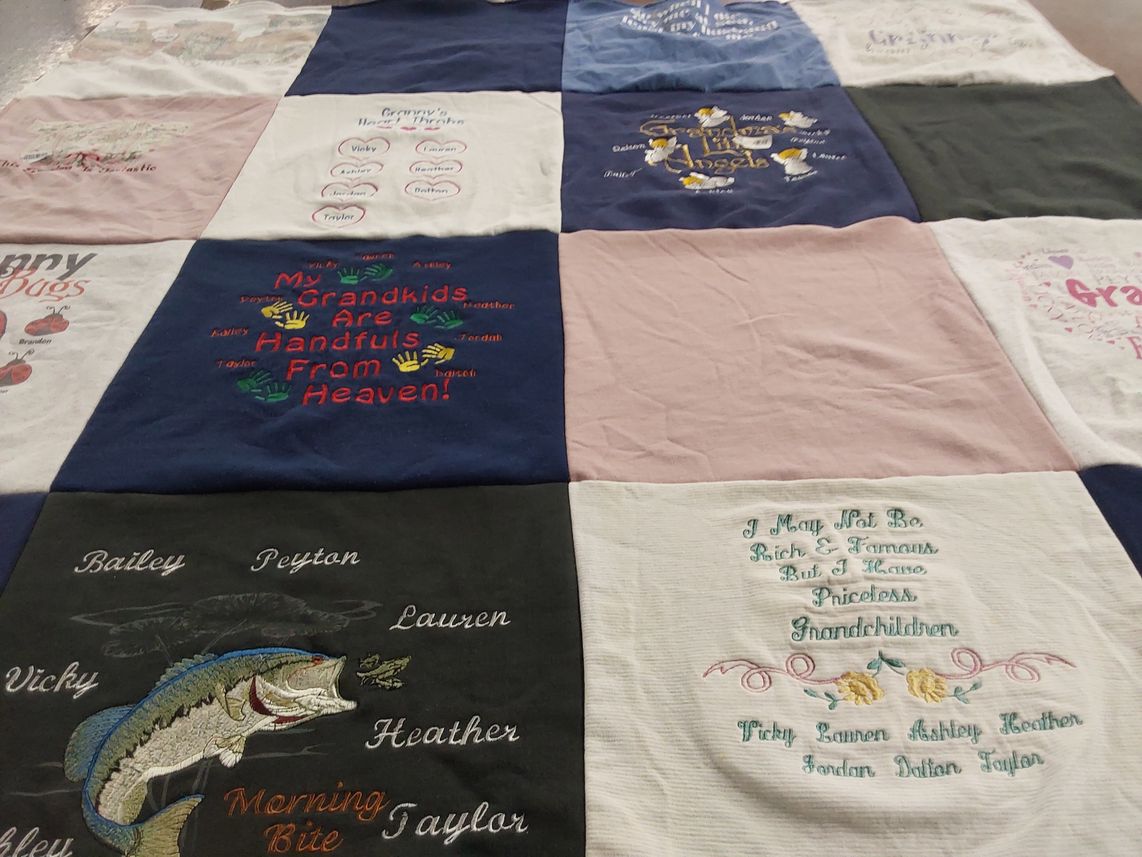T-shirt quilt with family, grandchildren themes by Heather from NC