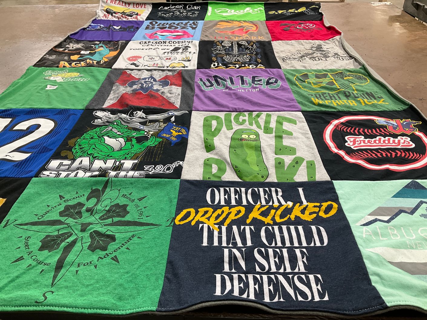 T-shirt quilt with scouting, humor themes by Ben from KS