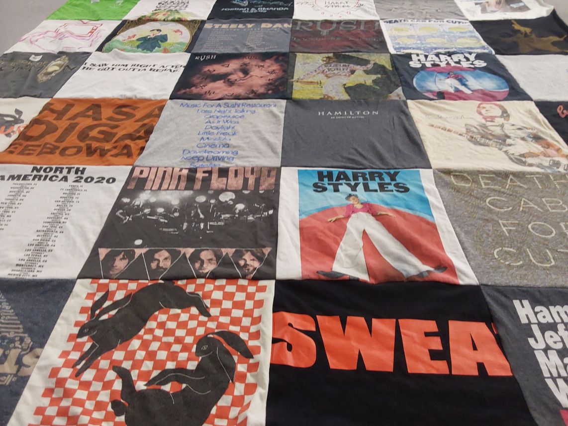 T-shirt quilt with music, concerts themes by Ellen from CT